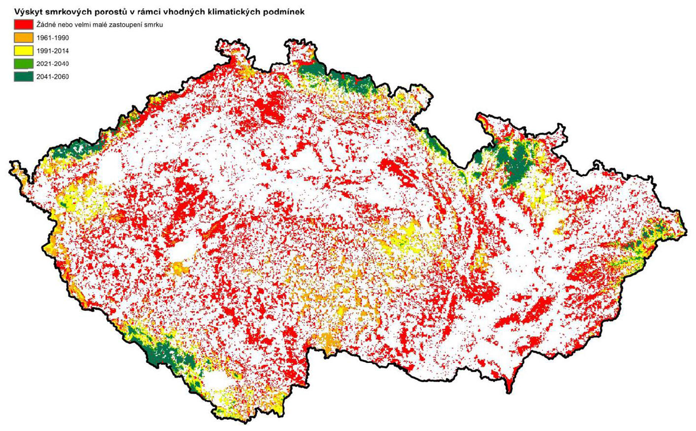 Výskyt smrkových porostů v podmínkách klasifikovaných jako vhodné na základě normálového období 1961 - 1990.